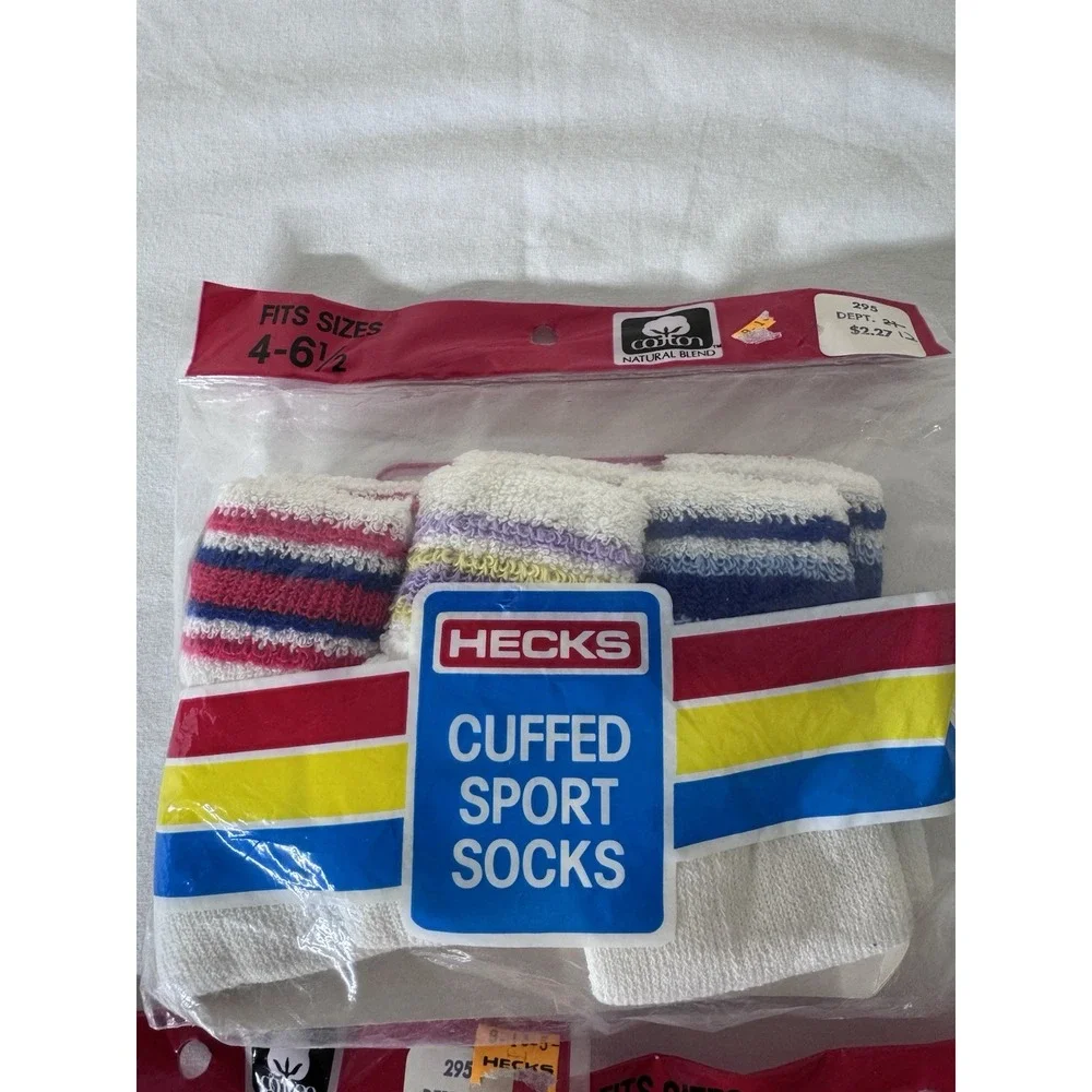 Vintage Hecks Cuffed Sport Socks Kids 4-6.5 Cotton Blend Made In USA Lot of 3